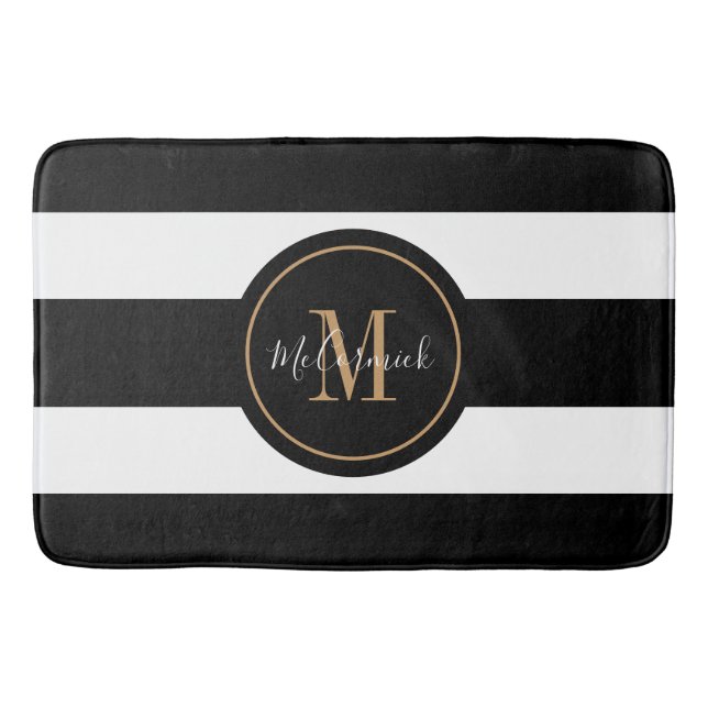 Monogram för elegant Black and Guld White Rand Badrumsmatta (Framsidan)