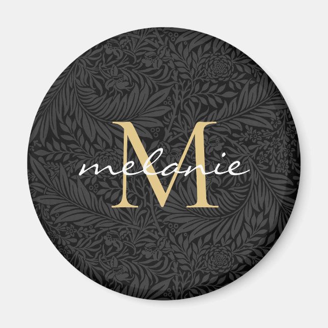 Monogram för elegant Black Guld Blommigt Magnet (Framsidan)