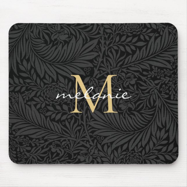 Monogram för elegant Black Guld Blommigt Musmatta (Framsidan)