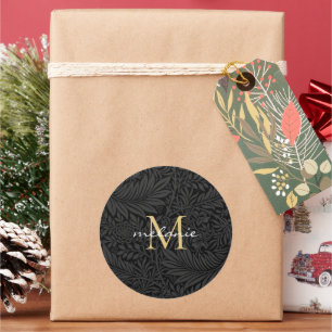 Monogram för elegant Black Guld Blommigt Runt Klistermärke