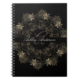 Monogram för elegant Chic, svart och Guld Blommigt Anteckningsbok