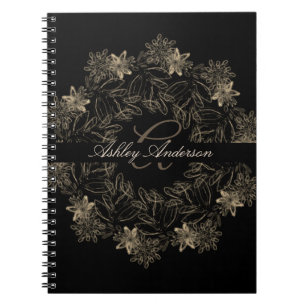 Monogram för elegant Chic, svart och Guld Blommigt Anteckningsbok