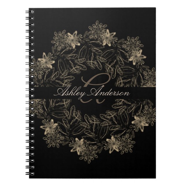 Monogram för elegant Chic, svart och Guld Blommigt Anteckningsbok (Framsidan)
