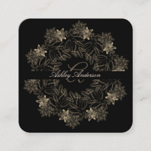 Monogram för elegant Chic, svart och Guld Blommigt Fyrkantigt Visitkort
