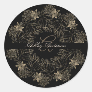 Monogram för elegant Chic, svart och Guld Blommigt Runt Klistermärke