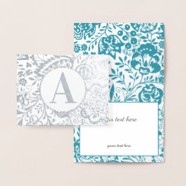Monogram för elegant Guld eller Silver Teal Blommi Folierat Kort