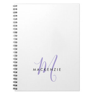 Monogram för elegant Modern White Lavender-skript Anteckningsbok