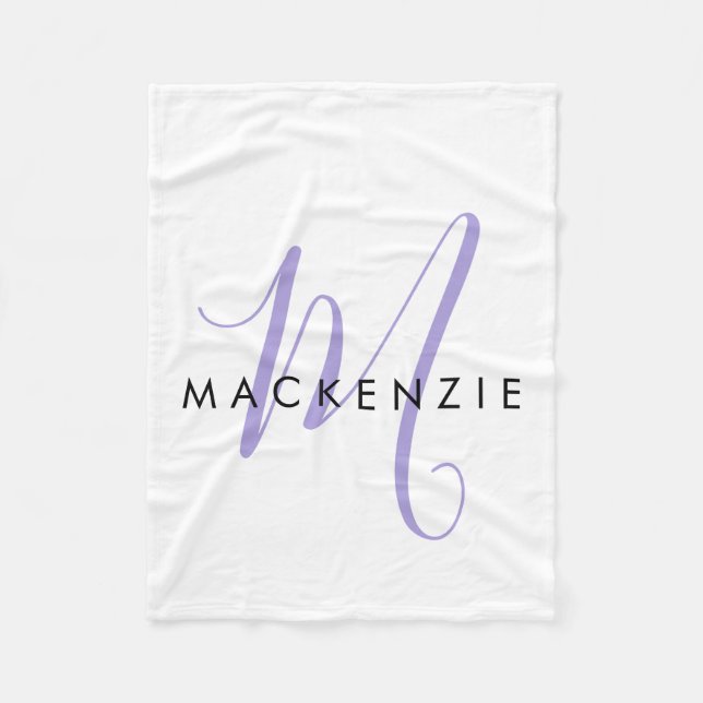 Monogram för elegant Modern White Lavender-skript Fleecefilt (Framsidan)