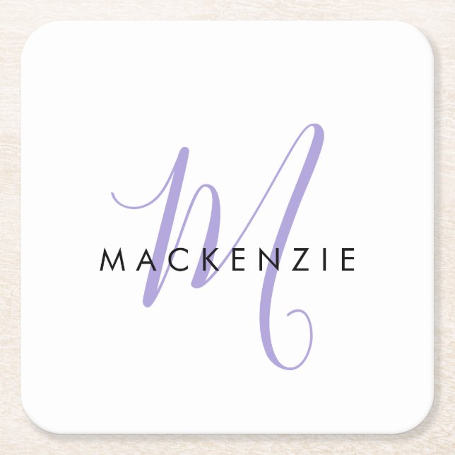 Monogram för elegant Modern White Lavender-skript Underlägg Papper Kvadrat (Framsidan)