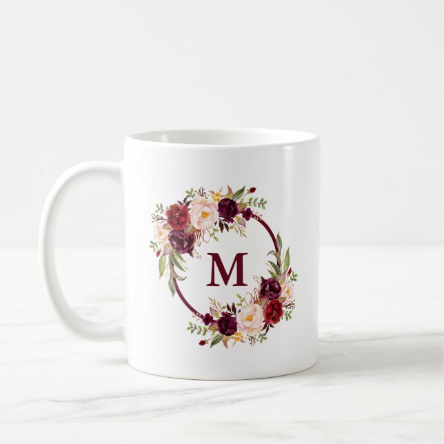 Monogram för elegant - vattenfärg - Burgundy-Blomm Kaffemugg (Vänster)