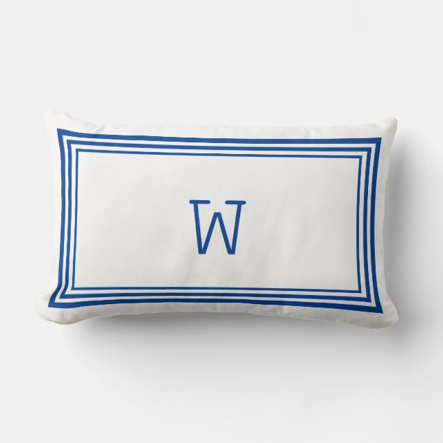 Monogram för elegant White och Blue Rand Gräns Lumbarkudde (Framsida)