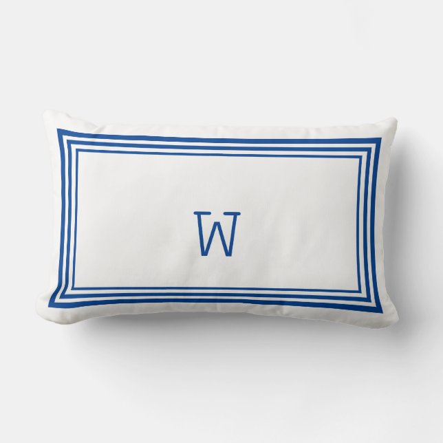 Monogram för elegant White och Blue Rand Gräns Lumbarkudde (Framsida)