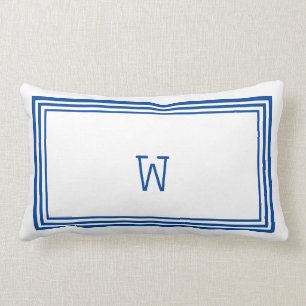 Monogram för elegant White och Blue Rand Gräns Lumbarkudde