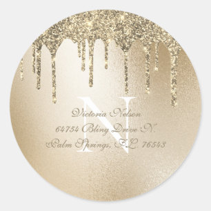 Monogram för Eleganten Guld Metallic Glitter Drip Runt Klistermärke