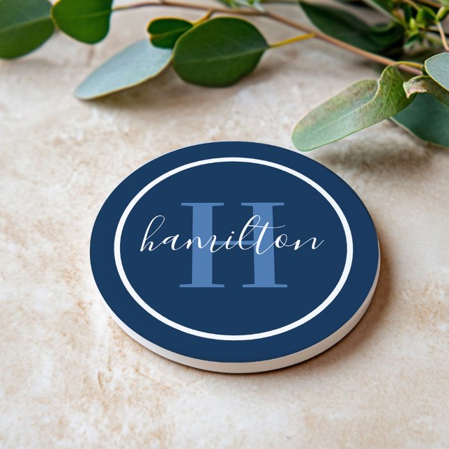 Monogram för elegantens blå runda Anpassningsbar - Underlägg (Skapare uppladdad)