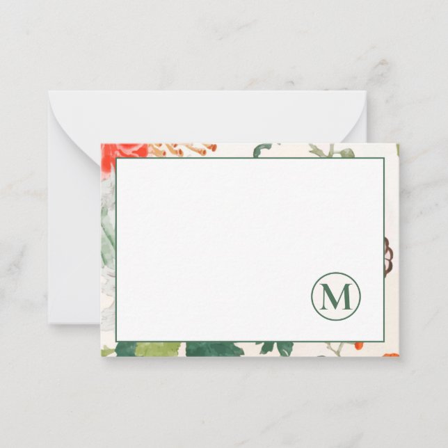 Monogram för elegantens Blommigt Anteckningskort (Framsida)