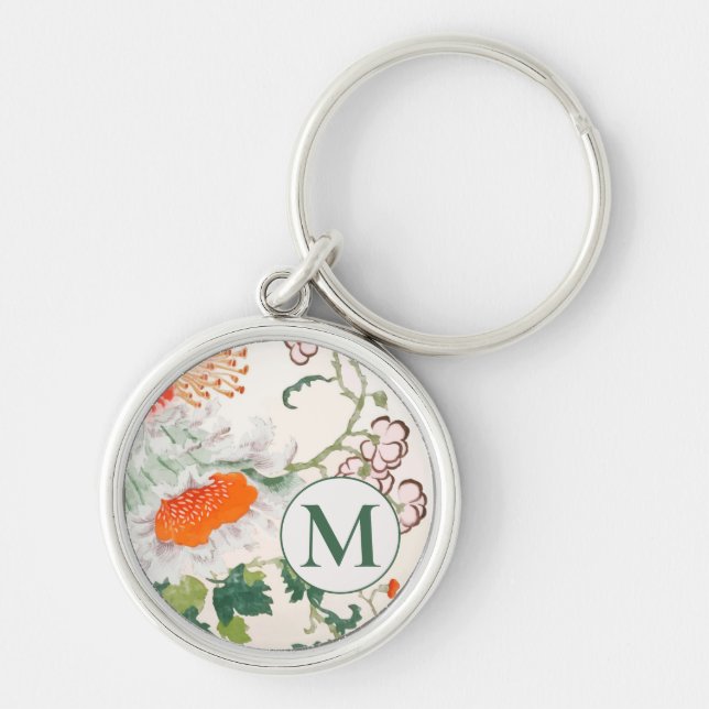Monogram för elegantens Blommigt Rund Silverfärgad Nyckelring (Framsidan)