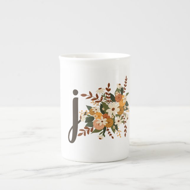 Monogram för Fall Blooms Blommigt Initial Benporslin Mugg (Framsidan)