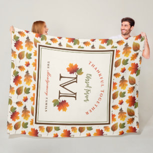 Monogram för familjen Fall/Höst löv Thanksgiving Fleecefilt
