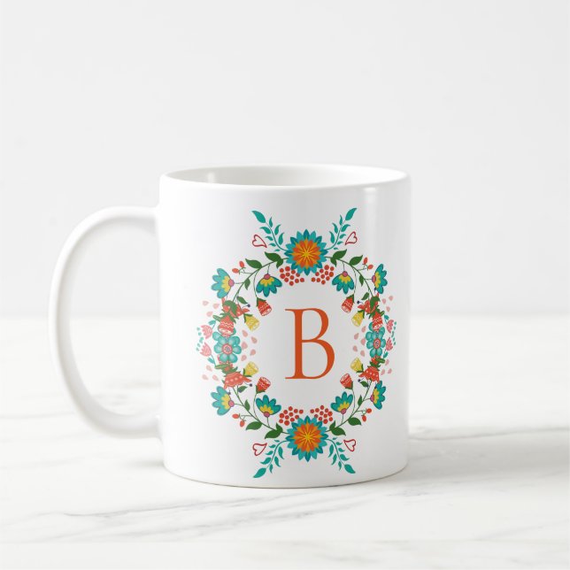 Monogram för färgad Vår blommor andedräkt Kaffemugg (Vänster)