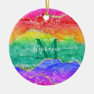 Monogram för färgämnet regnbåge Glitter Guld-agat Julgransprydnad Keramik