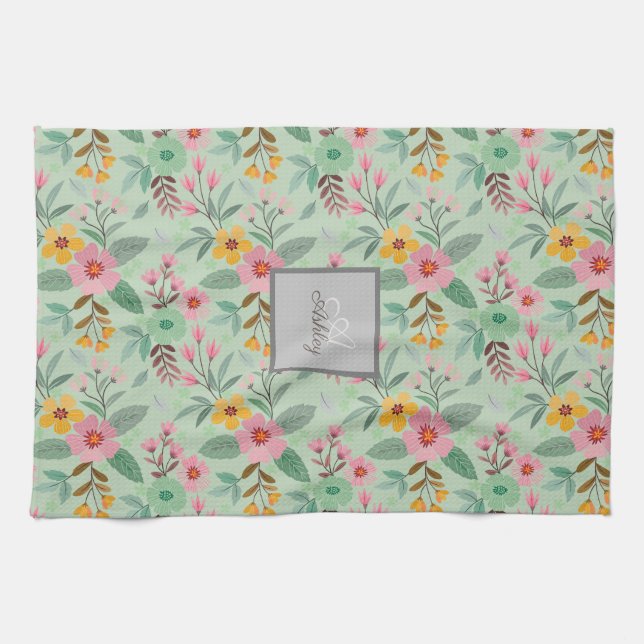Monogram för färgämnet Vår blommor Mönster Namn Kökshandduk (Horisontell)