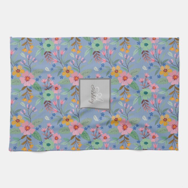 Monogram för färgämnet Vår blommor Mönster Namn Kökshandduk (Horisontell)