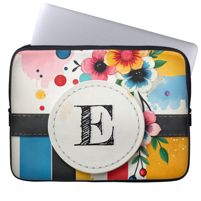Monogram för färgstark Blommigt Design Circle Ram  Laptop Fodral (Framsidan)