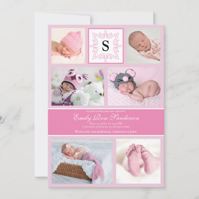 Monogram för flicka Rosa-foto-födelsemeddelande Meddelande (Framsida)