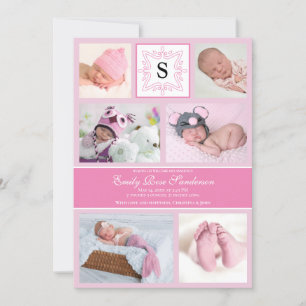 Monogram för flicka Rosa-foto-födelsemeddelande Meddelande