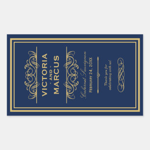 Monogram för flottan och Guld Bröllop Vin Flaska Rektangulärt Klistermärke