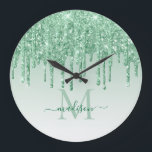 Monogram för glam-Glitter-Gnistra för Mint Grönt Stor Klocka<br><div class="desc">Glam Mint Grönt Glitter-Gnistra,  monogram Stor klocka</div>