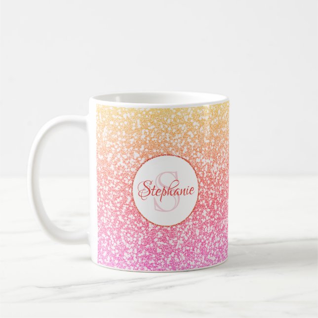 Monogram för glitter Rosa Coral Ro-rundan i Guld Kaffemugg (Vänster)