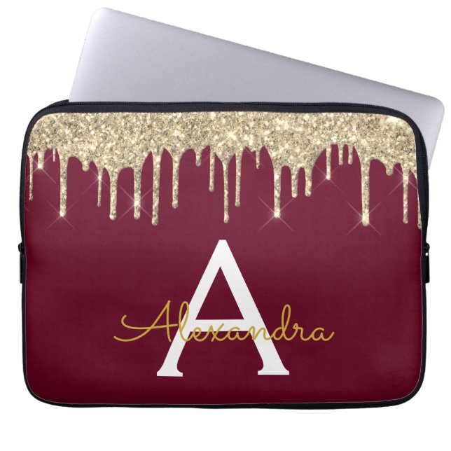 Monogram för Gnistran Burgundy Guld Glitter Laptop Fodral (Framsidan)