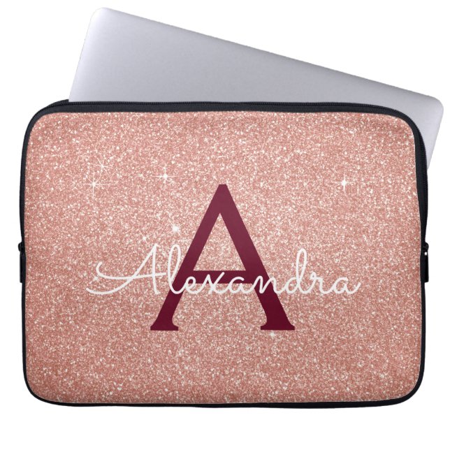 Monogram för Gnistran rosa ros Guld Burgundy Glitt Laptop Fodral (Framsidan)