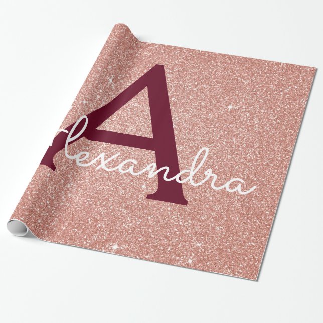 Monogram för Gnistran rosa ros Guld Burgundy Glitt Presentpapper (Utrullad)
