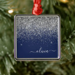 Monogram för Gnistran Silver Navy Blue Girly Glitt Julgransprydnad Metall<br><div class="desc">Silver och marinblå Glitter Monogram Namn och första julprydnad. Det gör perfekten söt 16-årsjubileum,  bröllop,  möhippa,  årsdag,  babydusch eller bachelorette-fest för någon som glam lyxen och chic stilar i kärlek.</div>
