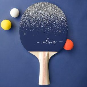 Monogram för Gnistran Silver Navy Blue Girly Glitt Pingisracket