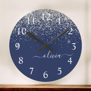 Monogram för Gnistran Silver Navy Blue Girly Glitt Rund Klocka
