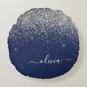 Monogram för Gnistran Silver Navy Blue Girly Glitt Rund Kudde