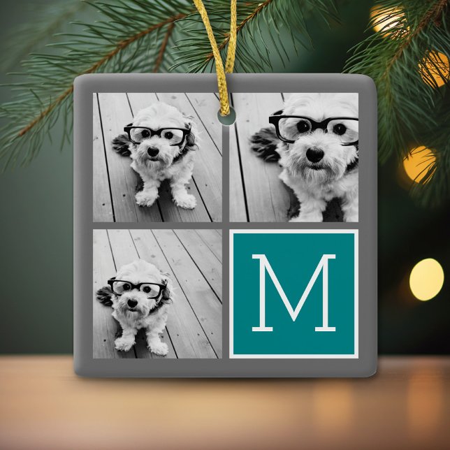 Monogram för grått- och skalfotokollage julgransprydnad keramik (Personalized photo ornament)