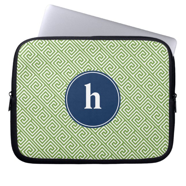 Monogram för grönt och blått grekiskt Nyckel-Mönst Laptop Sleeve (Framsidan)