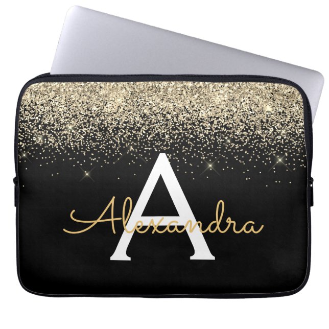 Monogram för guld Black Luxury Glitter Gnistra Laptop Fodral (Framsidan)