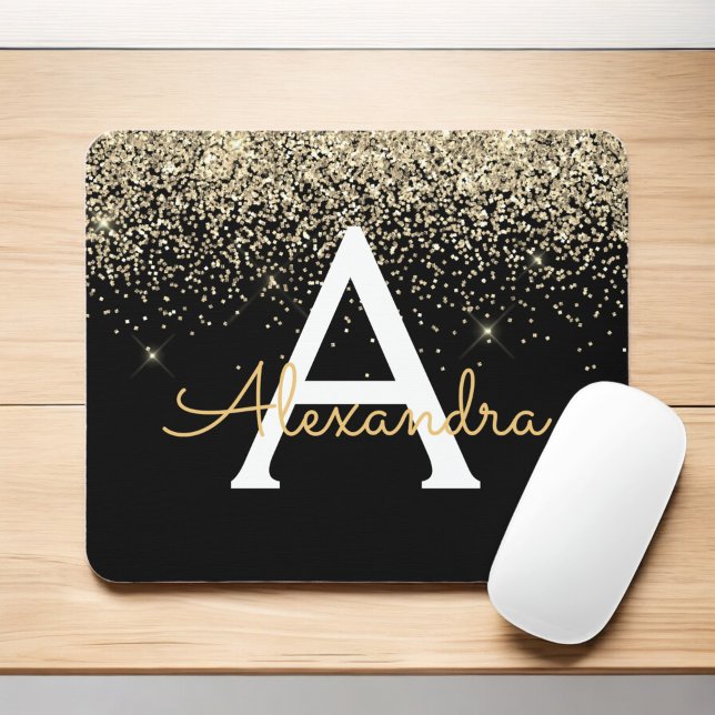 Monogram för guld Black Luxury Glitter Gnistra Musmatta (Skapare uppladdad)