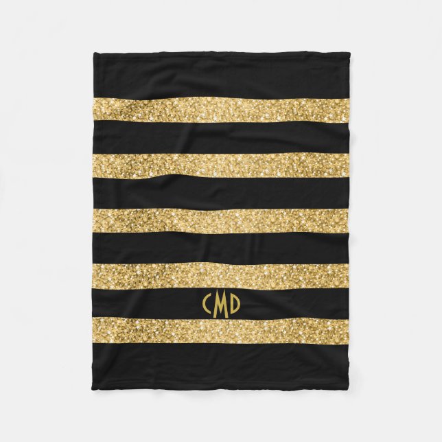 Monogram för guld Glitter Black Rand Mönster Fleecefilt (Framsidan)