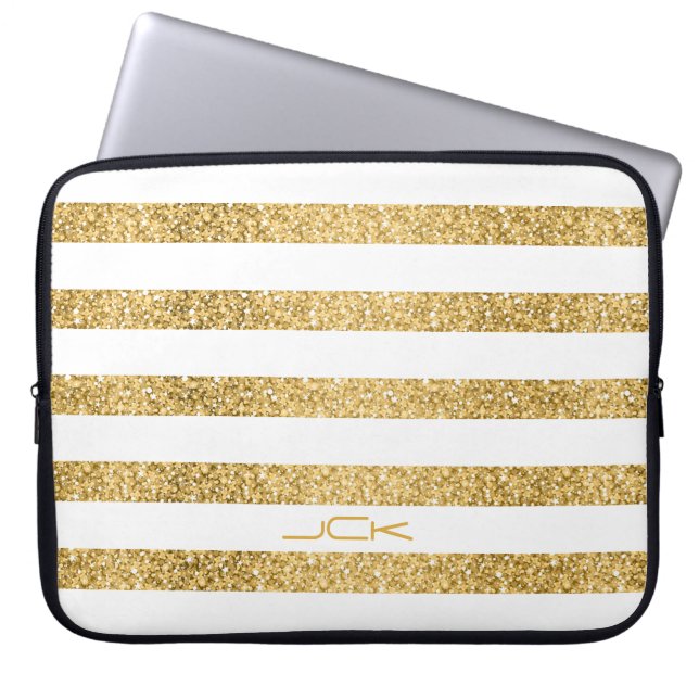 Monogram för guld Glitter White Rand Mönster Laptop Sleeve (Framsidan)