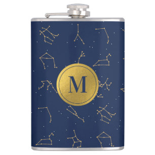 Monogram för guld & marinblå zodiakkonstellationer fickplunta