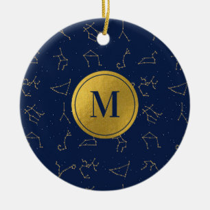 Monogram för guld & marinblå zodiakkonstellationer julgransprydnad keramik
