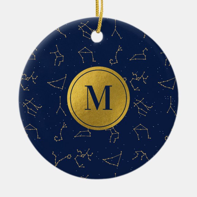 Monogram för guld & marinblå zodiakkonstellationer julgransprydnad keramik (Framsidan)
