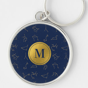 Monogram för guld & marinblå zodiakkonstellationer rund silverfärgad nyckelring